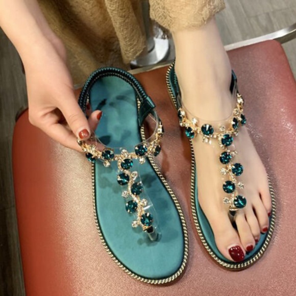 Women Thong Sandals T-Type Open Toe Rhinestone Flat Bottom Roman Sandals Shoes - Picture 1 of 4